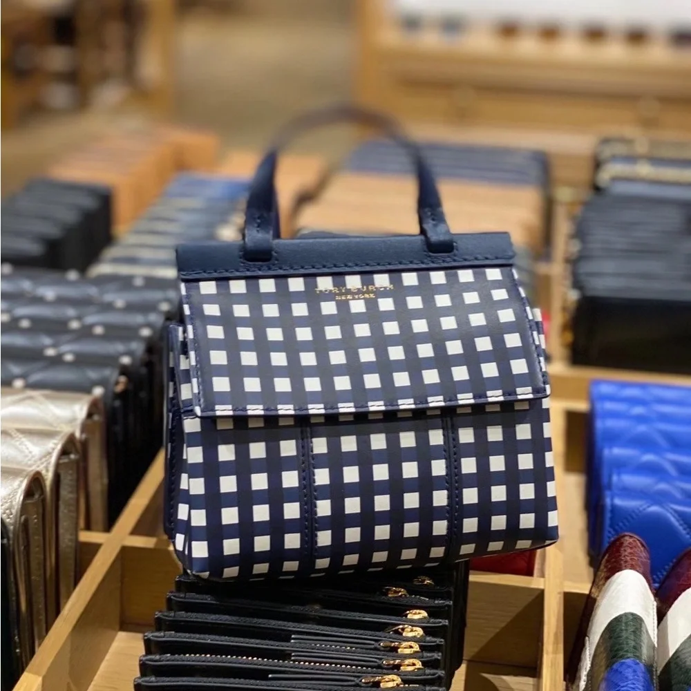 NWT Tory Burch Outlet Block-T Mini Satchel Royal Navy Check Pattern - Picture 4 of 6